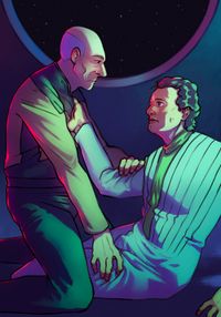 
        Q in the gray outfit from Deja Q is lying down while Picard is on his knees above him.
      