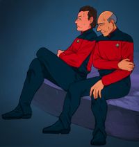 
      Q and sad Picard sitting on Picard's bed
      