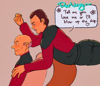 Q hovers over Picard sitting in the captain's chair and says: "Darling~ Tell me you love me or I'll blow up the ship"