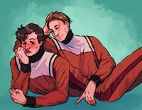 
        Cadet Q is leaning on his elbows and looking shyly at cadet Picard, who is sitting and leaning against Q, smiling at him.
      