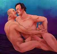 
        Picard and Q are sitting naked on a black satin sheet, Q leaning towards Picard. Their faces are close to each other's, fingers intertwined, and erect cocks touching.
      
