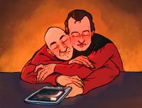 
        Picard has fallen asleep mid-work at his; Q is leaning on him, also asleep
      