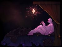 
        Q resting on top of Picard, both naked but partly covered by a blanket, on a luxurious bed.
      