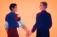 
      Felix Millstone and Vicar Max are standing back to the viewer, holding hands and looking serious, sad, even, against a bright, light orange background
      