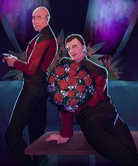 
        In the captain's quarters, Picard is standing with a teacup in his hand, back to Q, who's leaning on the coffee table, looking up to Picard with a bouquet of roses in his hand
      