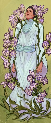 
        Q in the white Tapestry outfit in a Mucha-inspired art nouveau style, surrounded by lilies
      