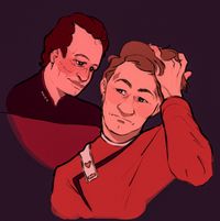
        Q looks at young Picard behind his back, amused, while Picard is running his fingers through his hair and looking puzzled
      