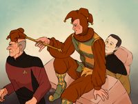 
        Q wearing a jester costume is sitting on Data's console and softly hitting Picard on the head with a scepter
      