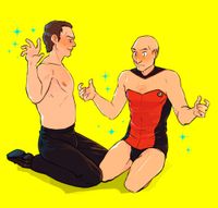 Another follow-up; Q has freed his arms and has magically changed surprised Picard's clothes into a sexy costume version of the starfleet uniform
