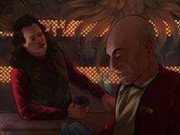 
        Q with a long hair in the bartender costume from Tapestry leans into a counter and holds a cup. In the foreground, Picard is in the old movie-era uniform with a wet face and a towel in his hand.
      