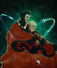 
        Judge Q is holding Picard from behind and smiling in space
      