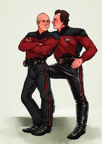 
        Picard and Q pose together in uniform variants with added leather and belts
      