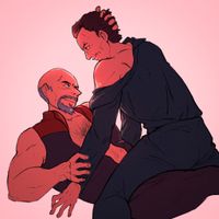 Q is sitting on top of mirror!Picard, who has his univorm open and is pulling Q's hair