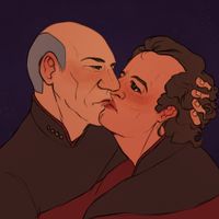 
        Closeup of Q and Picard kissing eyes half-open.
      