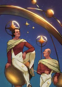 
        Q and Picard are inside a giant golden orrery, wearing red-and-white variation of the one-piece uniform with a golden cape and boots. They are looking at their surroundings and are connected by a golden string with stars they both hold in their hands.
      
