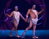 
        Q and Picard are walking hand in hand in shallow water half-naked.
      