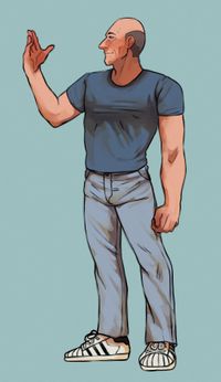 
        Picard in a tight, slate gray t-shirt, faded light blue jeans and white Adidas Superstars
      
