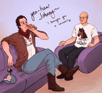 
        Q and Picard sit facing each other in Picard's quarters. Q is eating a hot dog and wears a flannel shirt, jeans, cowboy boots and a shirt saying "I ❤️ cowboys", and next to him is a hat with an eagle and american flag. Picard is sitting stiffly, wearing a t-shirt with a picture of a horse and the text "save a horse, ride a cowboy". Q says to Picard: "yee-haw Johnny~ I brought you a souvenir."
      