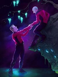
      Q helping Picard down a rock ledge at night, illuminated by glowing flowers and crystals, both smiling and looking at each other.
      