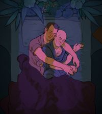 Q and Picard are sleeping in Picard's bed, Q's arms around Picard.