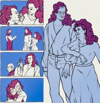 
        Comic, no text:
        panel 1: closeup, Deanna is applying lipstick on long-haired Q
        panel 2: Deanna presents Q to Riker who gives him thumbs up
        panel 3: Q blows a kiss to surprised Picard
        panel 4: Q is hugging Picard
        full-height panel on the right: Deanna and Q are smiling and locking arms
      