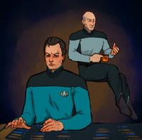 
        Q is using an LCARS console. His uniform is teal and he has three pips on his collar. Behind his back, Picard is floating mid-air in a gray uniform without a combadge or any insignia, and has a full cup of tea with some white sparkles around it in his hand
      