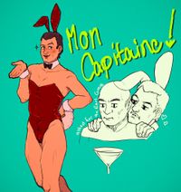 Q is wearing a classic bunnysuit in red and posing with a big hand-lettered text "Mon capitaine!" next to him. Next to him is also a sketch of Q leaning over annoyed Picard's shoulder from behind with the text "asked for an Earl Grey"
