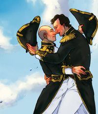 
        Q and Picard are holding each other and smiling, wearing the navy officers' uniforms from Generations. Their noses are touching and both are holding each other's hats.
      