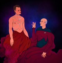 
      Shirtless Q in a pearl body jewelry and flowy red pants, Picard on his knees before him wearing the S1 uniform with a red cape 
      