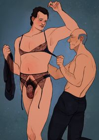 
        Picard is on his knees behind Q, who is standing, wearing a lacy, transparent lingerie set, and watching as Picard is putting a bra on him.
      