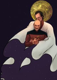 
        Q, wearing a white robe, holds Picard, in uniform, from behind and holds his hand. The white robe engulfs Picard, and becomes space with stars. Their eyes are closed.
      