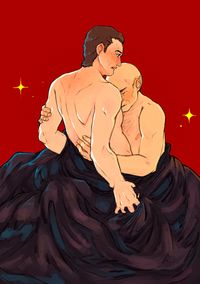 Picard holding Q's arm and waist and burying his face into Q's chest, both sitting naked, wrapped in a blanket, their faces and bodies flushed.