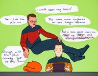 
      Data is sitting in front of a clunky laptop, writing, Spot sleeping next to him, while Q floats in the air behind him wearing glasses and giving feedback:
      "I would never say that!"
      "Pet... I do like that one"
      "Put some more emphasis on the height difference"
      "Add a scene where Jean-Luc [***] my [***] and [******]"
      "Enough with the plot already, get to the smut!"
      