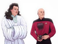 
        Q with a long hair in his god costume from Tapestry and Picard with a burn mark on the chest of his uniform, holding his artificial heart, stand in a white void look past the camera.
      