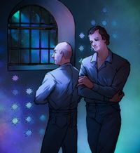 
        Picard and Q wearing denim, in a prison cell at night. Picard is looking out the window. The wall is decorated with star shapes.
      
