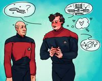 
        Captain Picard is nodding along as cadet Q is explaining something about the Enterprise, its warp core and traveling through space while also having a thought bubble full of hearts
      
