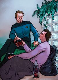 
        Q is sitting on the floor and passing a drink to middle-aged Picard in a teal S1 style uniform and hair still in his head
      