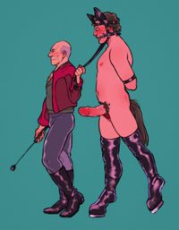 
        Picard is wearing his riding outfit. In one hand, he holds a riding crop, on the other, reins attached to a bridle Q is wearing. Q walks behind Picard and is naked, wearing only thigh-high boots with hooves, a horse tail butt plug, and a bridle with horse ears. His arms are tied behind his back.
      