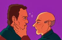 Closeup; Q is looking at clearly drunk Picard with sparkly eyes as Picard is cupping his face and speaking.