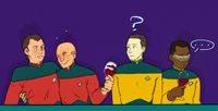 Q, Picard, Data and Geordi are sitting in front of a counter. Q is surprised as tipsy Picard holding a wine glass is grabbing his waist and pulling closer, while Data is looking at them perplexed and Geordi is suspicious about his own glass of wine.