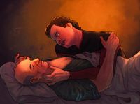 
        Picard is in his bed, under the covers, looking gently at Q who is next to him in his captain's uniform, looking lovingly up at Picard, touching his face with his fingertips while Picard is gripping his shoulder.
      