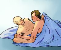 
        Q and Picard in bed, naked, under a blanket in bright light resembling morning light.
      