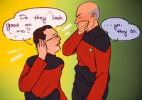 
      Q is beaming with his new glasses on, asking Picard "Do they look good on me?", to which blushing Picard, covering his face with his hand, responds with "...yes, they do"
      