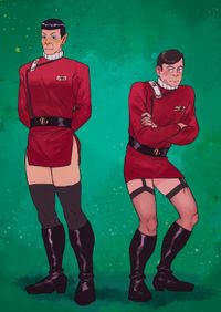
        Spock and Bones in movie era outfits (but miniskirts)
      