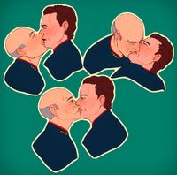 Three pictures of Picard and Q kissing, showing them from shoulders up.