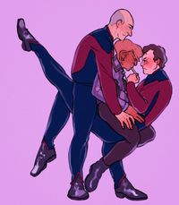 
        Q floats in air, Picard and Quark straddling him, and reluctantly pushes a bar of gold-pressed latinum against Quark's lips
      