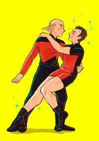 Surprised Picard from Star Trek TNG holding smug Q wearing the TNG uniform dress