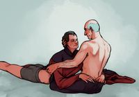 
        Q and Picard are partly undressed; Q is missing his pants while Picard is shirtless. Q is on his belly, partly on Picard's lap, looking up at Picard and sliding his hands in Picard's pants while Picard is pulling up the hem of Q's uniform.
      
