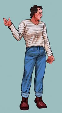 
        Q in a white long-sleeved shirt with thin black stripes, blue jeans and cherry-red combat boots
      