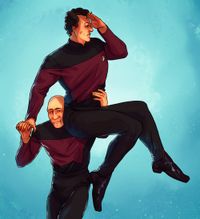 
        Q is sitting on Picard's shoulder and looking somewhere in the distance.
      